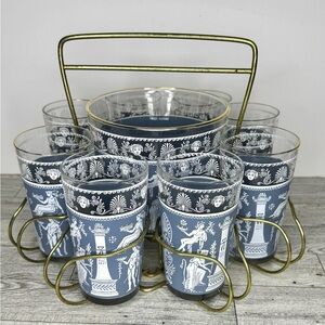 Jeannette Glass Hellenic Blue glassware set Grecian pattern Wedgwood blue/white
